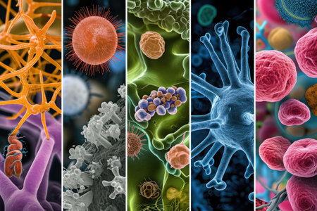 The photo showcases a diverse assortment of modern cell phones from different brands and models, A collage of microscopic images of various pathogens, AI Generatedの素材