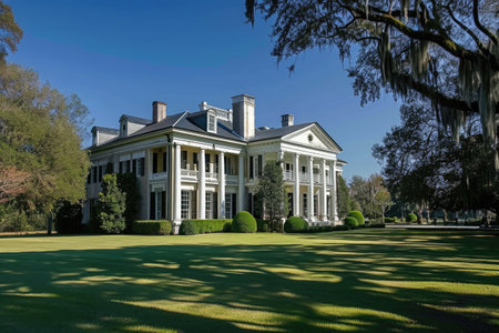 A serene residence, a large white house harmoniously nestled on top of a vibrant and lush green field, A Colonial Revival mansion poised elegantly on a southern plantation, AI Generatedの素材