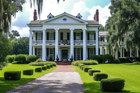 A magnificent white house stands tall and imposing, surrounded by a lush green landscape, A colonial mansion in a Southern plantation, AI Generatedの素材