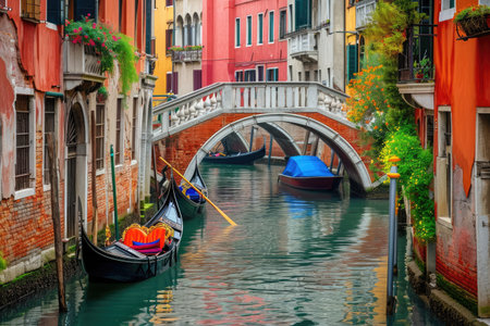 Two gondolas peacefully resting in the water of a serene canal in the enchanting city of Venice, A colorful Venetian canal with gondolas gently floating under delicate bridges, AI Generatedの素材