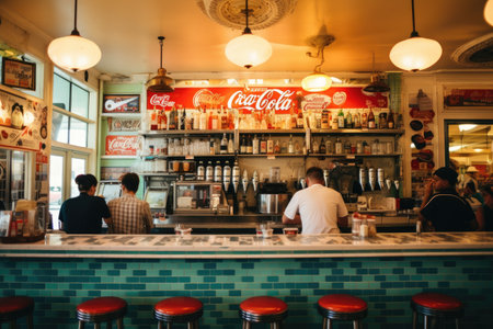 A diverse group of individuals engaged in conversation and enjoying their drinks at a lively bar, Vintage soda shop with customers at the counter, AI Generatedの素材