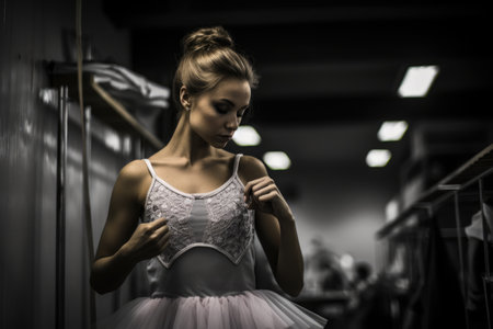 A stunning woman dressed in a white gown stands gracefully in a beautifully lit hallway, Warm-up routine of a ballet dancer backstage at a performance, AI Generatedの素材