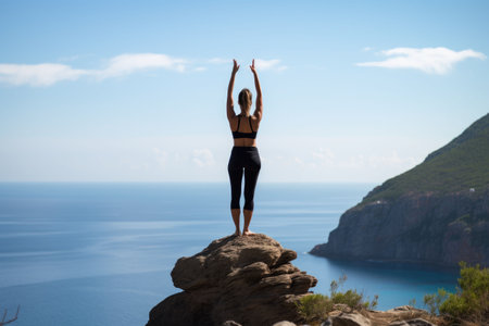 A triumphant woman stands on the top of a rock, raising her arms in joyful celebration, Woman attempting challenging yoga posture on a cliff edge, AI Generatedの素材