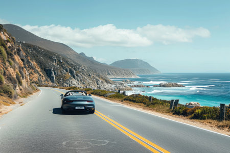 A car speeds down a coastal road with the beautiful ocean as a picturesque backdrop, A convertible sports car driving along a coastal road, AI Generatedの素材