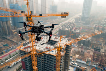 A camera mounted on top of a building under construction captures the ongoing progress of the construction site, A construction site with autonomous delivery drones in full swing, AI Generatedの素材