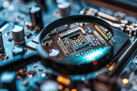 A detailed view of a computer motherboard, seen through a magnifying glass, A complex motherboard circuit viewed under a magnifier, AI Generatedの素材
