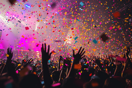 A vibrant crowd of music enthusiasts rejoicing at a concert as confetti fills the air, A confetti storm during a music concert, AI Generatedの素材