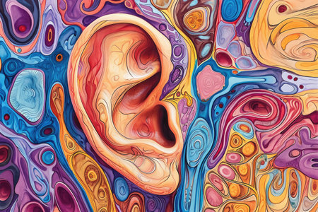 This abstract painting showcases a vibrant, expressive depiction of a pair of ears, creating captivating and modern artwork, A cross-section of a human ear in a whimsical art style, AI Generatedの素材