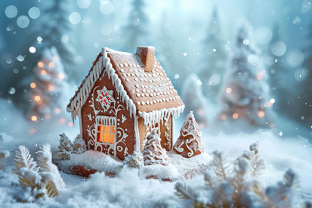 A picturesque gingerbread house covered in snow and surrounded by a festive array of Christmas trees, A cozy gingerbread house nestled in a winter wonderland, AI Generatedの素材