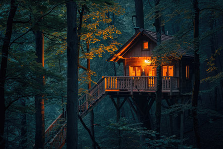 Discover a hidden gem in the heart of the wilderness - a charming tree house nestled amidst a dense forest, A cozy tree house nestled in the heart of a tranquil forest at dusk, AI Generatedの素材