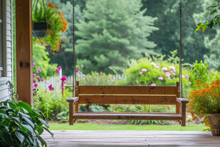 A simple, rustic wooden bench sits atop a porch, offering a cozy spot to relax outdoors, A cozy wooden swing on a porch overlooking a lively summer garden, AI Generatedの素材