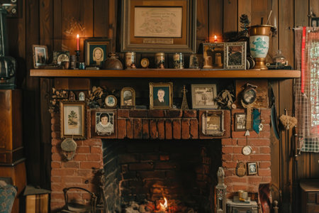 Cozy Living Room With Fireplace and Pictures on Mantle, A cozy fireplace mantel decorated with vintage photographs and antique trinkets, AI Generatedの素材