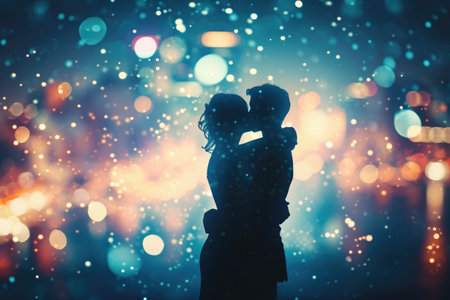 A romantic silhouetted couple sharing a passionate kiss while standing in the rain under an umbrella, A couple dancing under glittering city lights, AI Generatedの素材