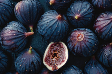 Close-Up of Fresh, Ripe Figs in Vibrant Colors, A creative depiction of ripe figs under moonlight, highlighting the contrast between the dark purple exterior and bright fleshy interior, AI Generatedの素材