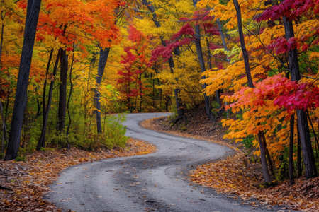 Explore the beauty of nature on this peaceful, vibrant winding road surrounded by colorful trees, A curvy path through colourful autumn trees, AI Generatedの素材