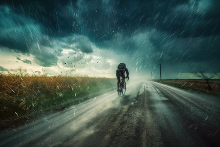 A man leisurely rides his bike down a dirt road, enjoying the fresh air and picturesque cloudy sky, A cyclist battling a windstorm on a country road, AI Generatedの素材
