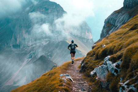 A determined man races up a rugged mountain trail, surrounded by breathtaking natural scenery, A dedicated runner sprinting on a mountain trail, AI Generatedの素材