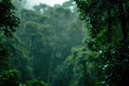 A captivating photo of a rain shower amidst towering trees in a lush forest, with raindrops glistening in the air, A dense forest canopy obscuring a rainfall, AI Generatedの素材