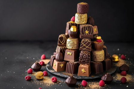 A delightful tower of chocolates stacked on a plate, beautifully complemented by fresh raspberries, A dessert tower of gold-dusted gourmet chocolate bonbons, AI Generatedの素材