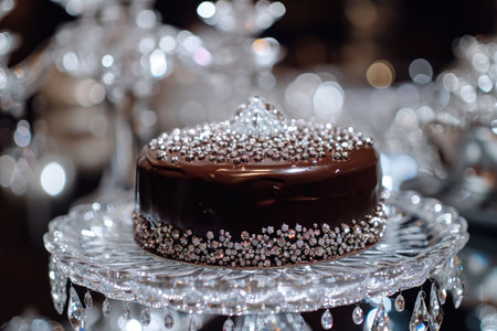 Indulge in the lusciousness of a close up shot showcasing a mouthwatering chocolate cake resting on a plate, A diamond encrusted chocolate cake on a crystal platter, AI Generatedの素材
