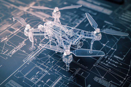 A small model of an airplane placed on top of a blueprint, showcasing a detailed scaled replica of the aircraft over an architectural plan, A detailed blueprint of a drone, AI Generatedの素材