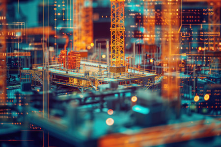 A bustling construction site in the heart of the city, with buildings being developed as part of urban expansion, A digital display of intelligent automation in construction technology, AI Generatedの素材