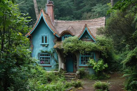 A picturesque blue house with a brown roof nestled in a serene natural setting surrounded by lush trees, A fairy-tale cottage nestled in a mint forest, AI Generatedの素材