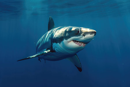 Great White Shark Swimming in Ocean, Majestic and Powerful Predator in Its Natural Habitat, A fascinating Great White Shark patrolling the depths of the ocean, AI Generatedの素材