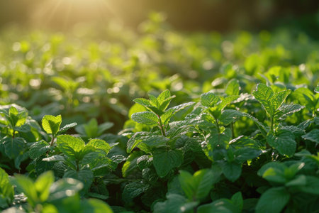 A vibrant field of green plants basking in the suns radiant glow, A field full of fresh mint leaves under the morning sun, AI Generatedの素材