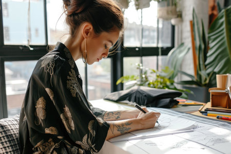 A woman focused on writing as she sits at a table with a piece of paper in front of her, A fashion designer sketching designs in her stylish loft, AI Generatedの素材