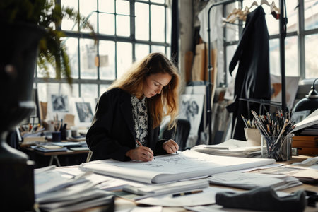 A woman sits at a desk, engaged in studying or working, with a book and pen in front of her, A fashion designer sketching designs in her stylish loft, AI Generatedの素材