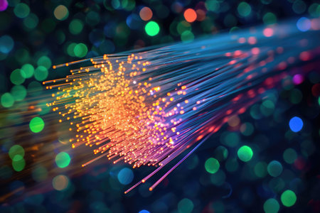 A stunning close-up photo capturing the vibrant, dazzling display of colored lights in a single fiber, A fiber optic cable with information traveling in specks of light, AI Generatedの素材