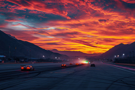 A vibrant scene of cars driving down a highway under a stunningly colorful sky, A fiery sunrise at the mountain race track with cars ready to sprint, AI Generatedの素材