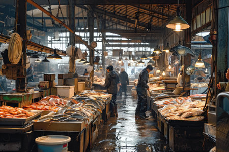 A bustling fish market packed with a wide array of fresh fish, a seafood paradise for all, A fish market filled with an array of fish and seafood, bustling with people, AI Generatedの素材