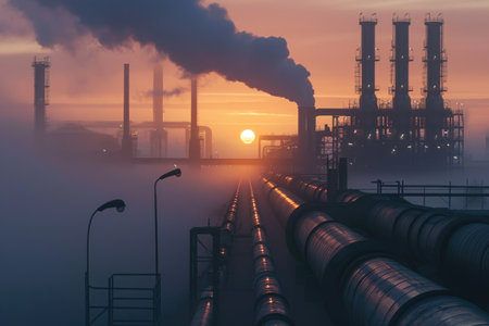 A photo of a factory with smoke billowing out of its chimneys, contributing to air pollution, A foggy dawn breaking over industrial pipelines, AI Generatedの素材