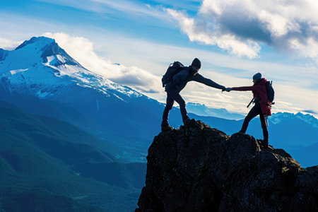 A couple of people stand atop a breathtaking mountain, taking in the awe-inspiring vistas that nature has to offer, A friend encouraging and assisting a hiker aim for the mountain crown, AI Generatedの素材