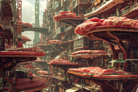 Experience a bustling urban landscape of the future, boasting an abundant supply of various meats, A futuristic cityscape made entirely out of various cuts and styles of steak, AI Generatedの素材