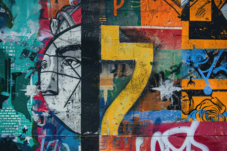 A wall adorned with an array of vibrant, multicolored graffiti that populates the urban landscape, A graffiti-style representation of economic inequalities, AI Generatedの素材