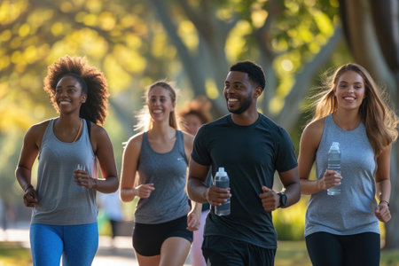 Group of People Running in Park, Active Exercise and Fitness Outdoors, A group of coworkers participating in a wellness walk, AI Generatedの素材