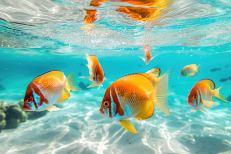 Witness the mesmerizing sight of a diverse group of fish gracefully navigating the open waters of the ocean, A group of vibrant tropical fish darting through crystal clear waters, AI Generatedの素材
