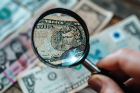 A person holds a magnifying glass over a pile of money, examining it closely, A hand holding a magnifying glass over a bank note showing negative effects of inflation, AI Generatedの素材