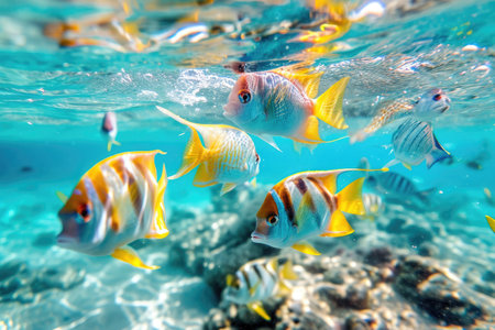 A stunning photo capturing a large school of fish swimming gracefully in their natural habitat, A group of vibrant tropical fish darting through crystal clear waters, AI Generatedの素材