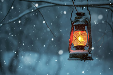 A lone lantern, gently swaying from a tree branch, casts a warm glow on a snowy landscape, A handheld lantern trying to pierce the gloom of a snowstorm, AI Generatedの素材