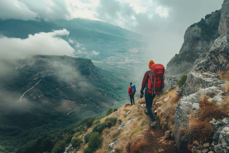 A couple of people walking up a mountain side, enjoying the scenic views and engaging in an outdoor adventure, A hiker opening the way for a friend to conquer the mountain, AI Generatedの素材