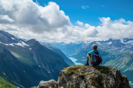A person sits on the summit of a mountain, taking in the breathtaking vistas of the surrounding valley, A hiker enjoying a stunning panoramic view, AI Generatedの素材
