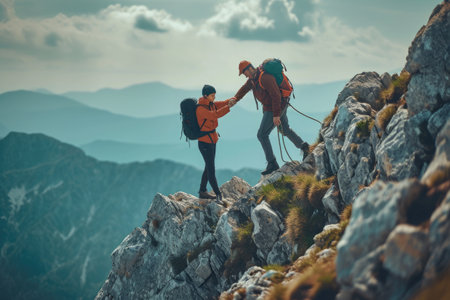 A couple basks in the breathtaking view from the top of a mountain, surrounded by untamed nature, A hiker lending a helping hand to a friend amidst a mountain climb, AI Generatedの素材