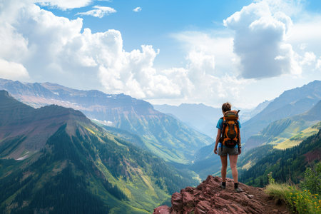 A person stands proudly atop a mountain, carrying a backpack, basking in the breathtaking beauty of nature, A hiker enjoying a stunning panoramic view, AI Generatedの素材