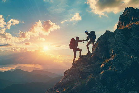 A group of individuals making their way up the steep slopes of a majestic mountain, A hiker offering his friend a hand while climbing a mountain, AI Generatedの素材