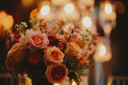 Vibrant assortment of flowers fills a vase placed gracefully on top of a table, A jazz-inspired 1920s wedding, AI Generatedの素材