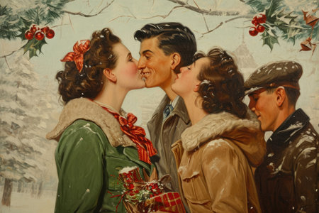 Painting of Three People Kissing Each Other, An Exquisite Expression of Love and Connection, A joyful scene of people kissing under the mistletoe, AI Generatedの素材